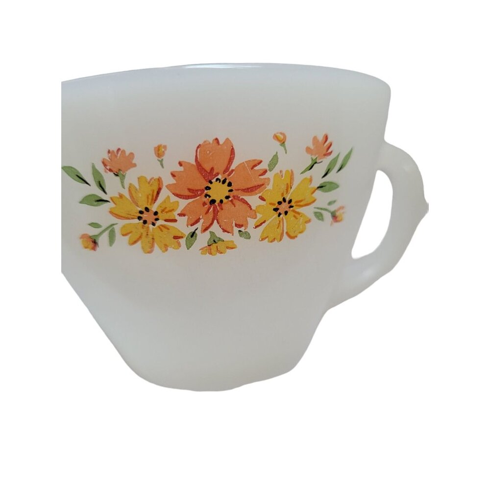VTG Fire King Cup Milk Glass Yellow Orange Flower Floral Anchor Hocking Tea USA - Picture 3 of 6
